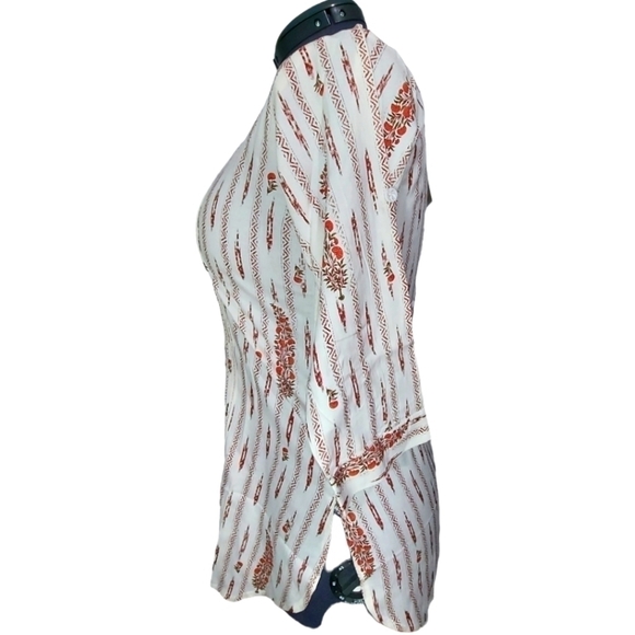 𝅺New Fit Cream, Brick Red And Green Tunic Blouse Size Med - Picture 6 of 9